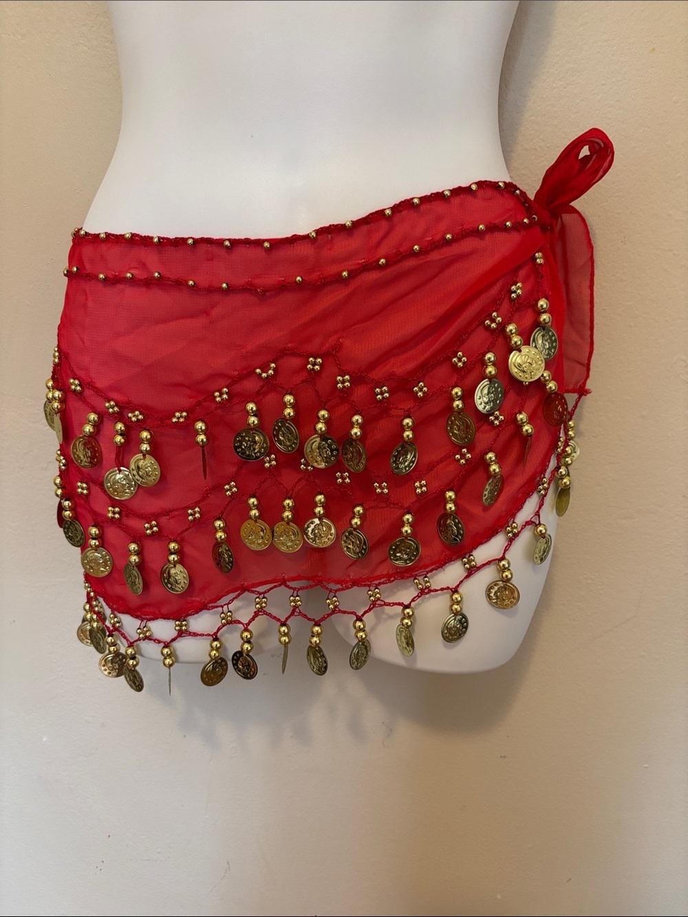 Zumba Fitness Red Belly Dance Hip Scarf with Gold Coins